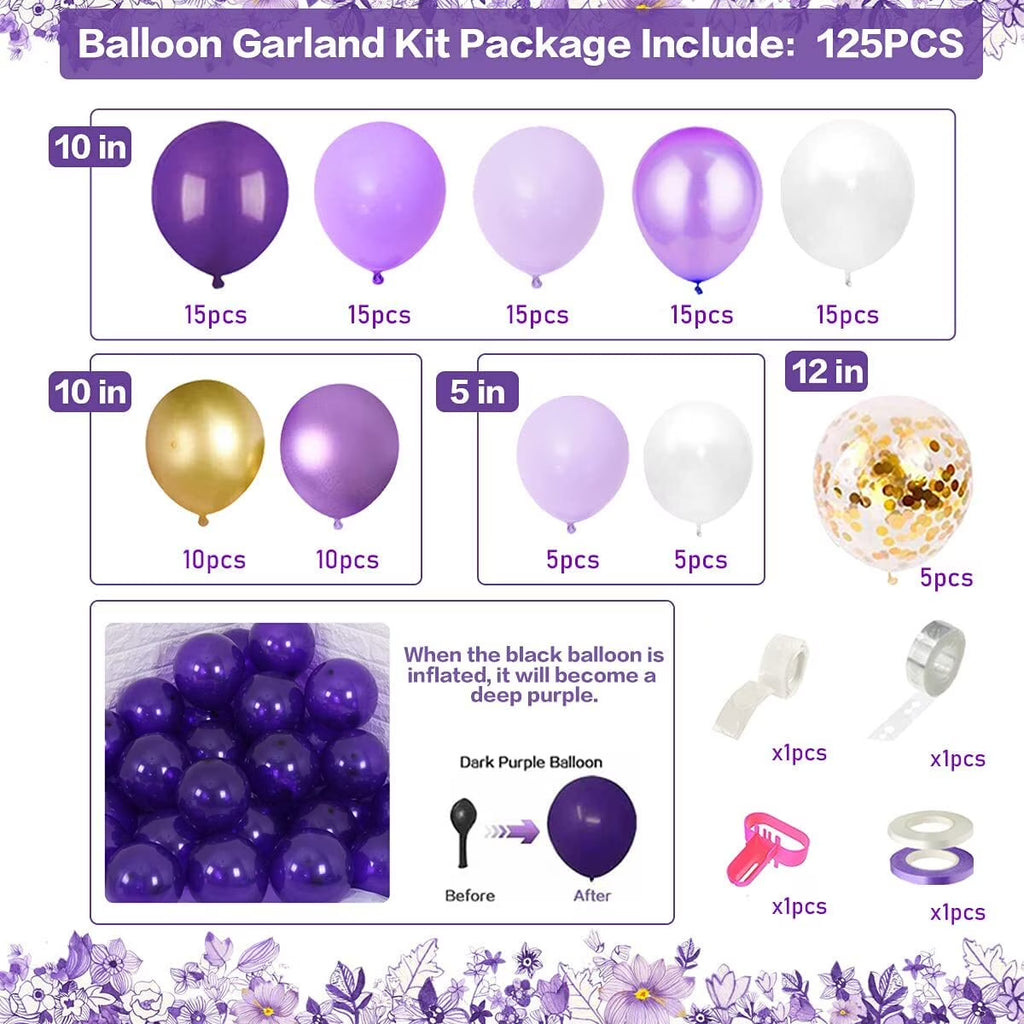 Purple Balloons Garland Arch Kit, Light Pastel Purple Gold White Balloons Confetti Latex Metallic Balloons for Women Birthday Baby Shower Wedding Party Decorations Supplies