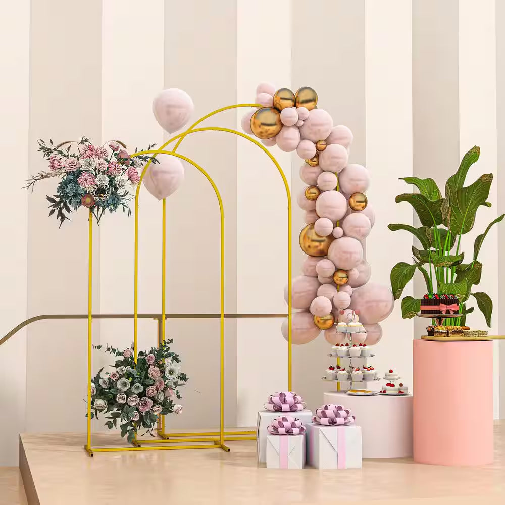 Metal Arch Backdrop Stand Set of 3,7/6.5/6 Ft Wedding Arch Frame, Balloon Backdrop Arch Stand Set, Gold