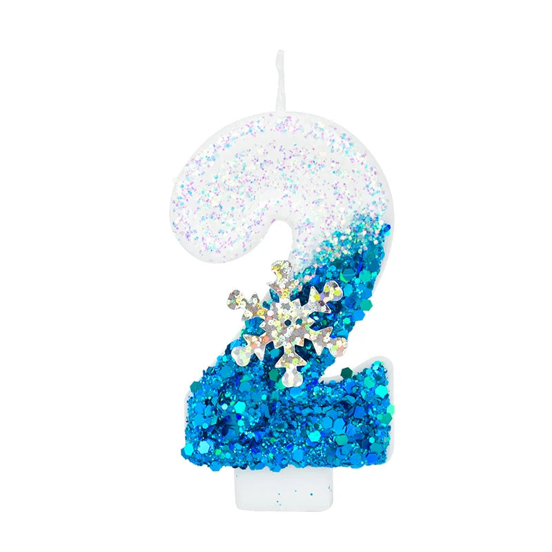 Glittering Blue Snowflake Birthday Candles Set (Numbers 0-9) - Elegant Cake Topper Decorations for Kids' Birthday Parties