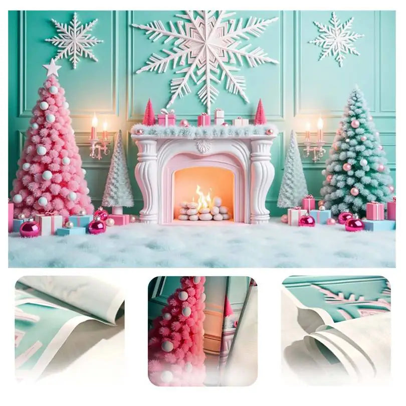 Blue Frozen Christmas Party Photography Backdrops for Western Living Room Fireplace Settings - Studio Photozone Props
