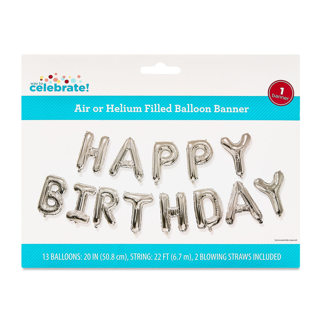 Silver Happy Birthday Air-Filled Balloon Banner, 16 Pieces, by