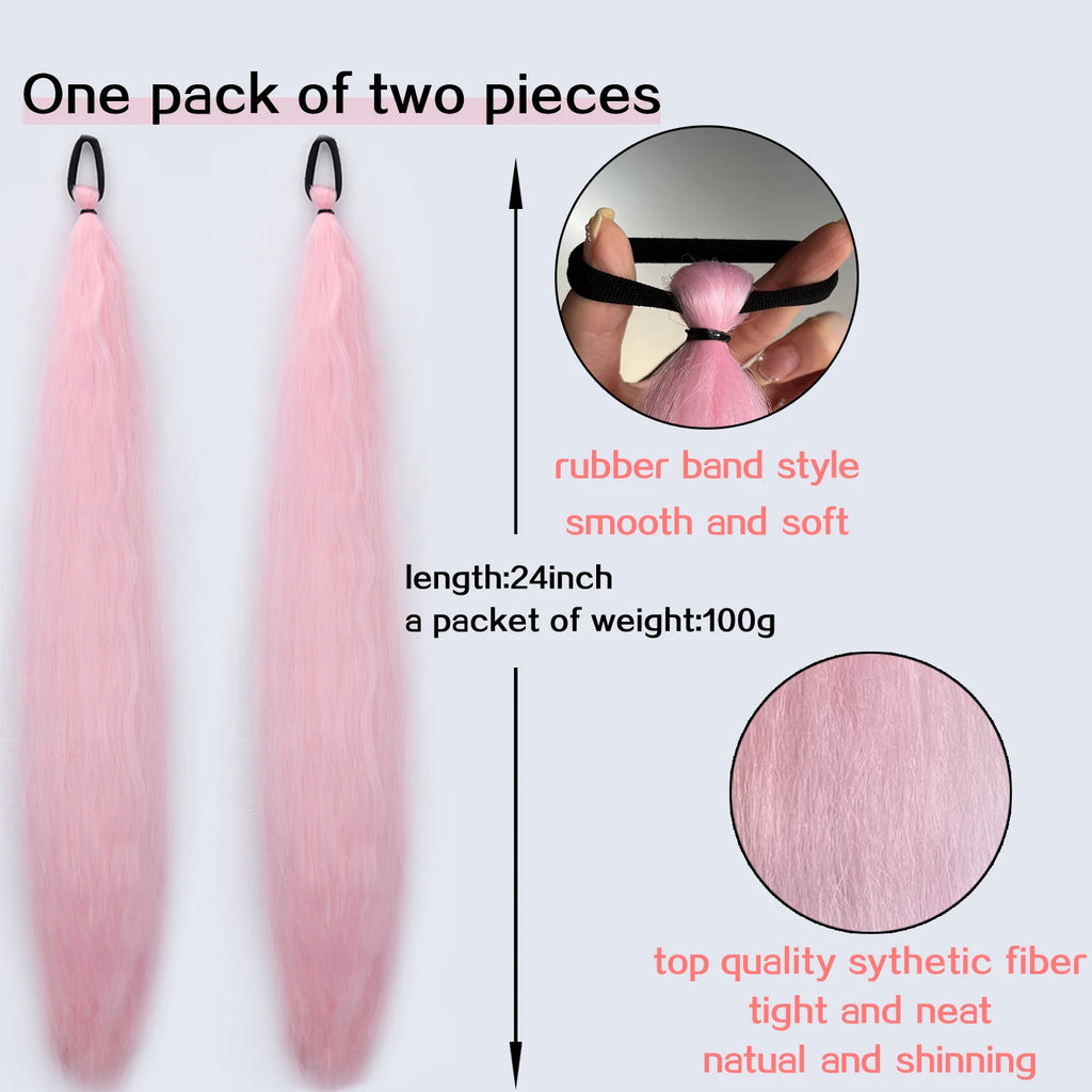 Synthetic DIY Braided Ponytail Extension with Elastic Rubber Band Pink Purple Blue Long Straight Pony Tail for Women Girls Party