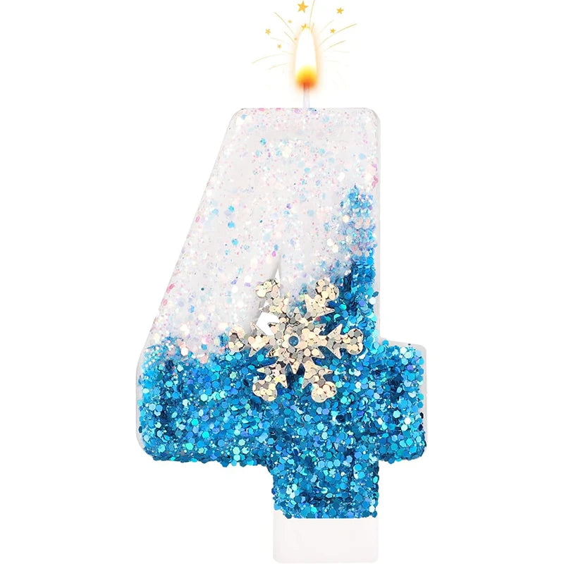 Glittering Blue Snowflake Birthday Candles Set (Numbers 0-9) - Elegant Cake Topper Decorations for Kids' Birthday Parties