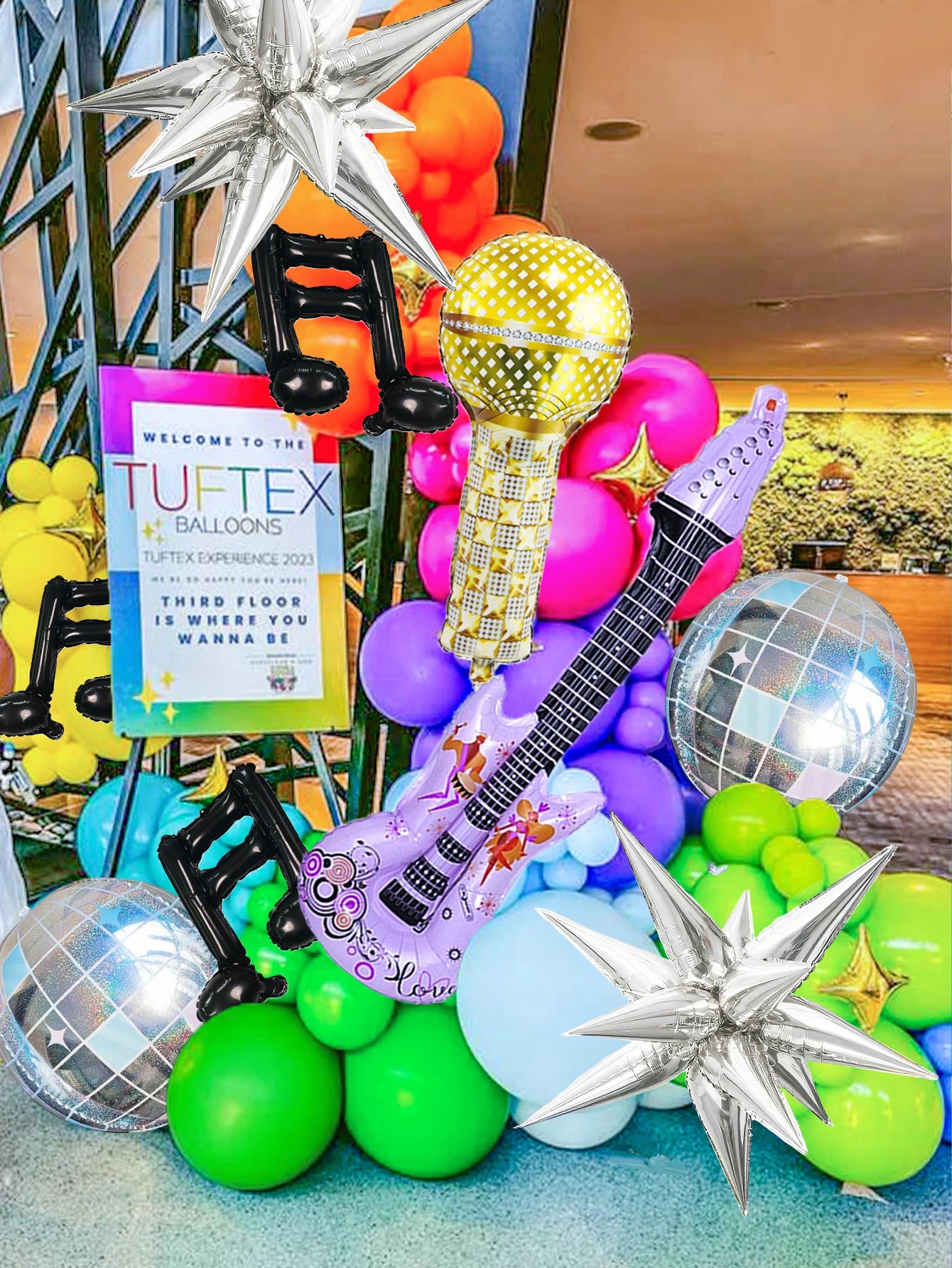 24Pcs Pop Music Guitar Party Balloon Set, Microphone & Purple Guitar & Disco 4D Ball & Black Musical Note & Star Balloon
