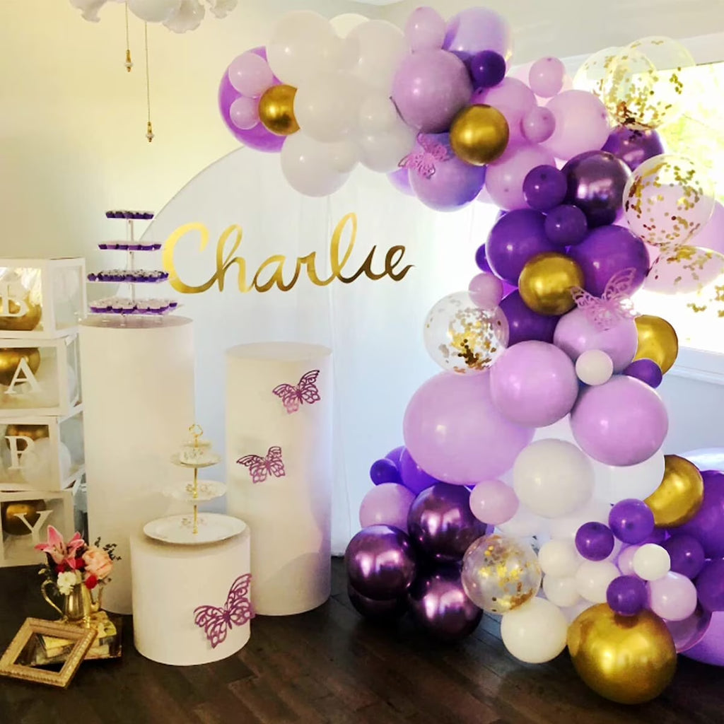 Purple Balloons Garland Arch Kit, Light Pastel Purple Gold White Balloons Confetti Latex Metallic Balloons for Women Birthday Baby Shower Wedding Party Decorations Supplies