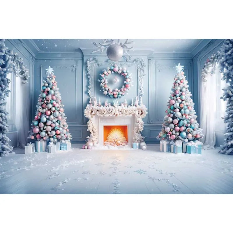 Blue Frozen Christmas Party Photography Backdrops for Western Living Room Fireplace Settings - Studio Photozone Props