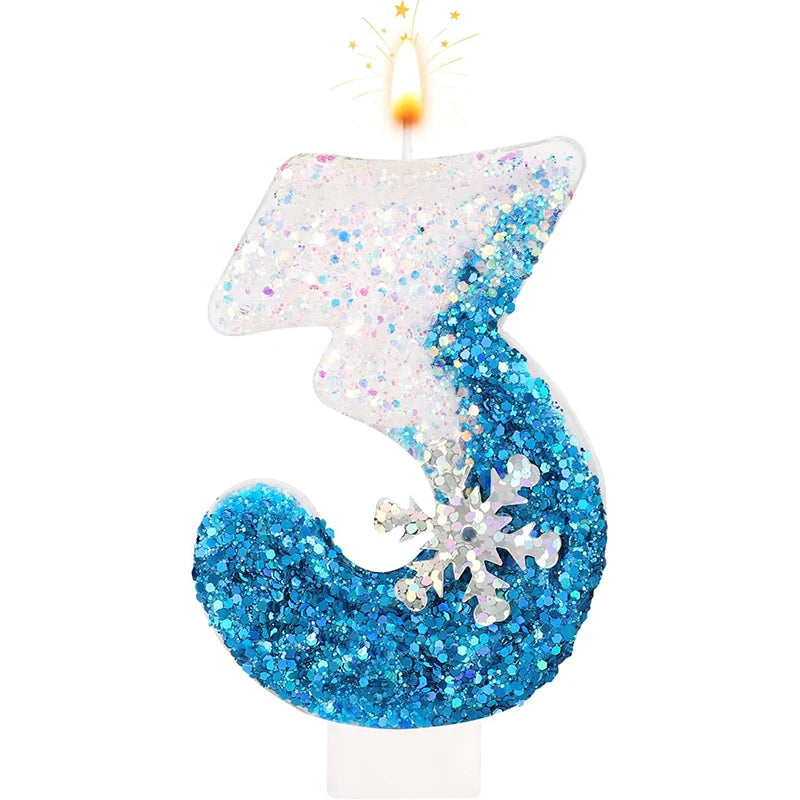 Glittering Blue Snowflake Birthday Candles Set (Numbers 0-9) - Elegant Cake Topper Decorations for Kids' Birthday Parties