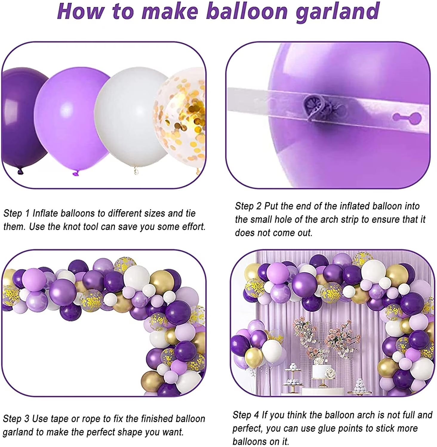 Purple Balloons Garland Arch Kit, Light Pastel Purple Gold White Balloons Confetti Latex Metallic Balloons for Women Birthday Baby Shower Wedding Party Decorations Supplies