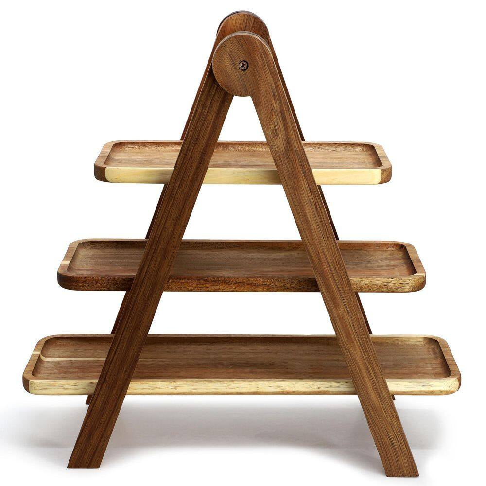 3-Tier Rectangular Cake Stand Set in Brown Acacia Wood