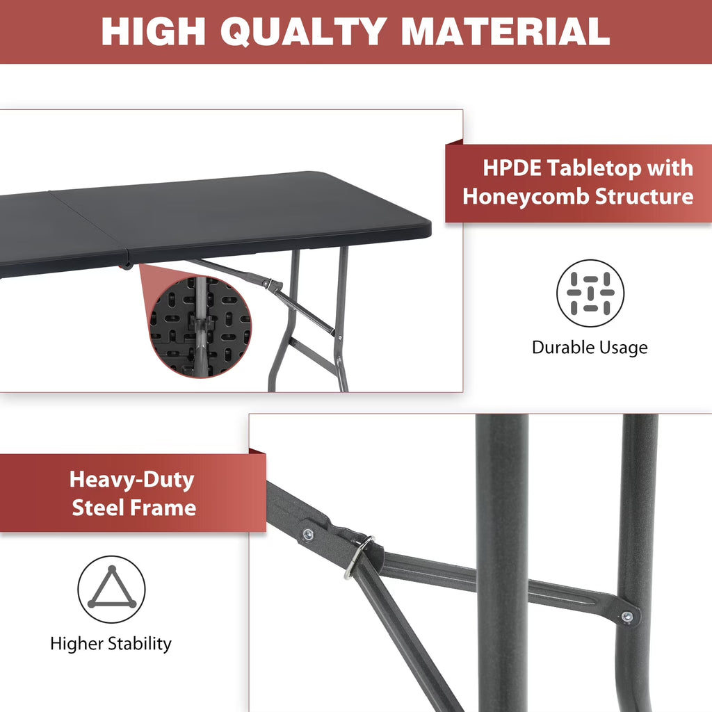 6-Foot Portable Folding Table for Indoor and Outdoor Use with Carrying Handle, Black