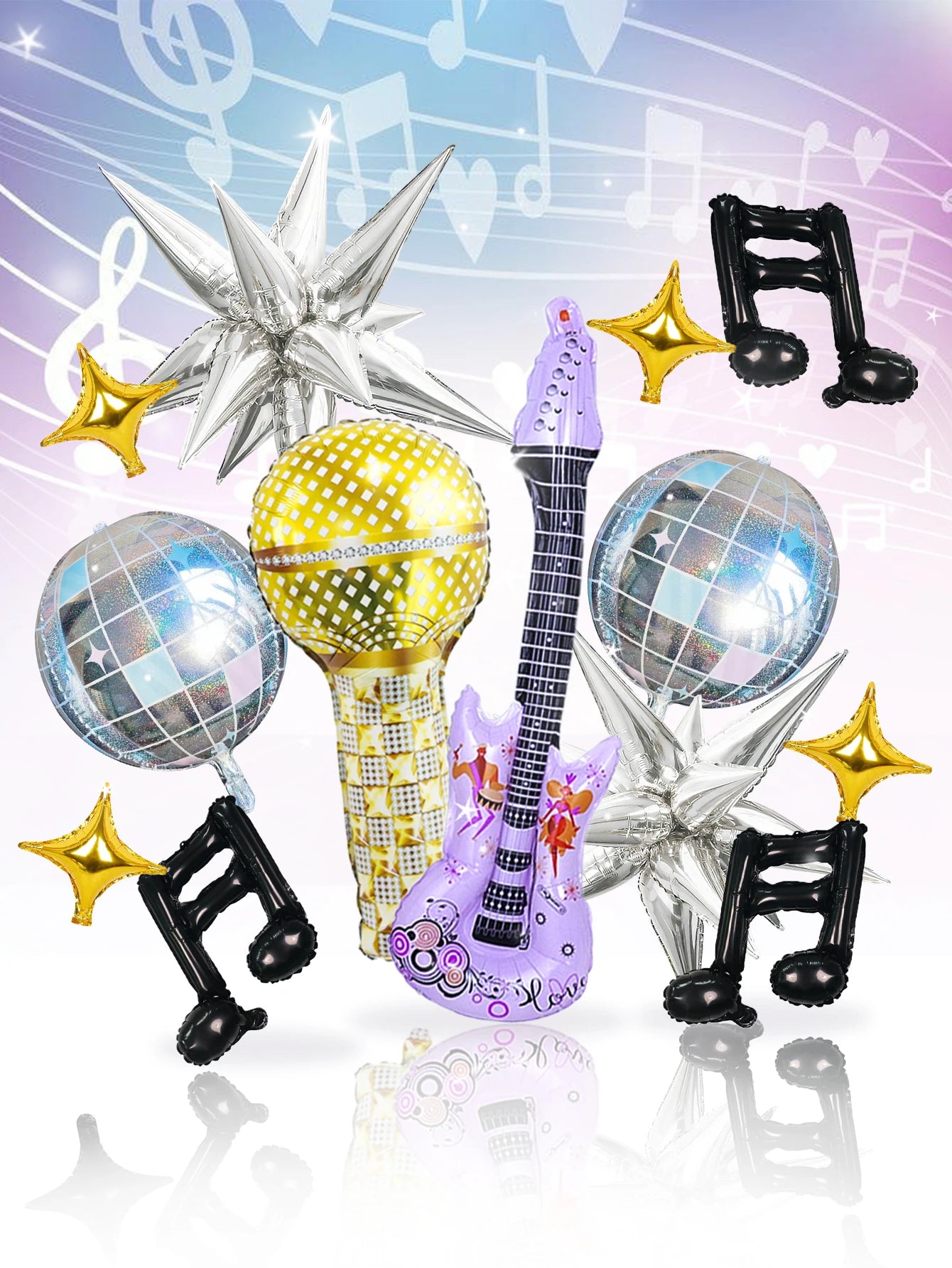 24Pcs Pop Music Guitar Party Balloon Set, Microphone & Purple Guitar & Disco 4D Ball & Black Musical Note & Star Balloon