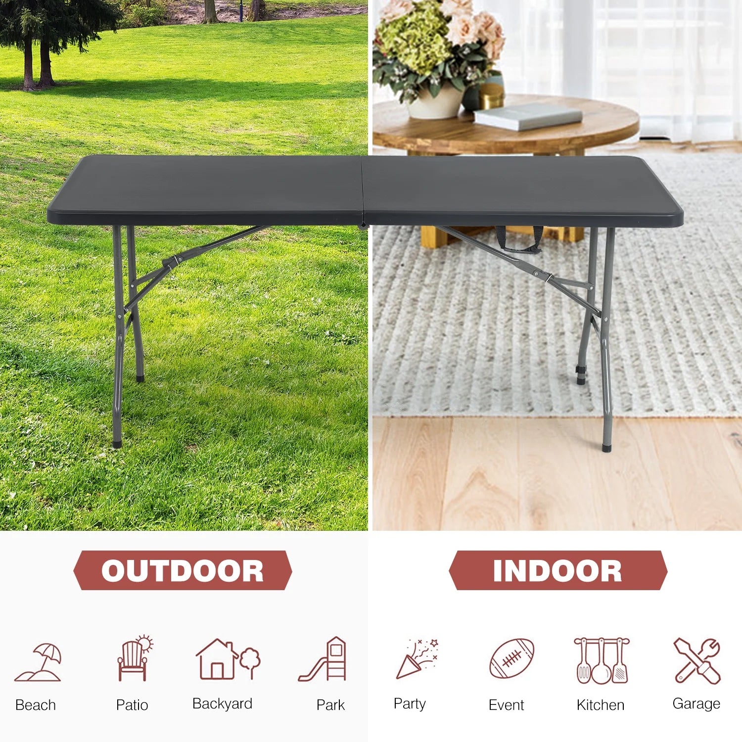 6-Foot Portable Folding Table for Indoor and Outdoor Use with Carrying Handle, Black