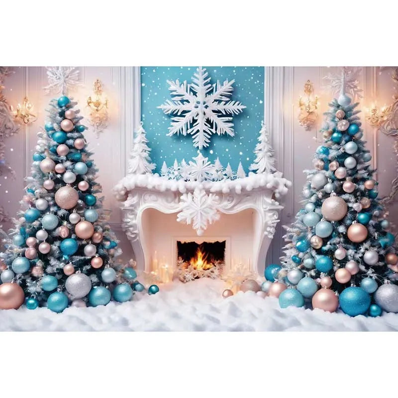 Blue Frozen Christmas Party Photography Backdrops for Western Living Room Fireplace Settings - Studio Photozone Props