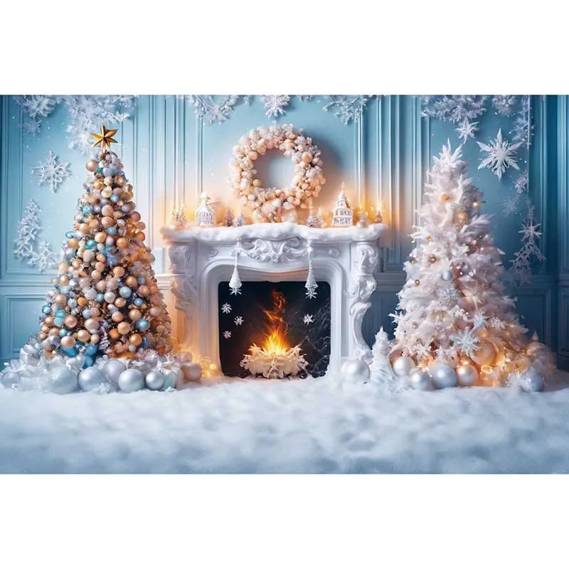 Blue Frozen Christmas Party Photography Backdrops for Western Living Room Fireplace Settings - Studio Photozone Props