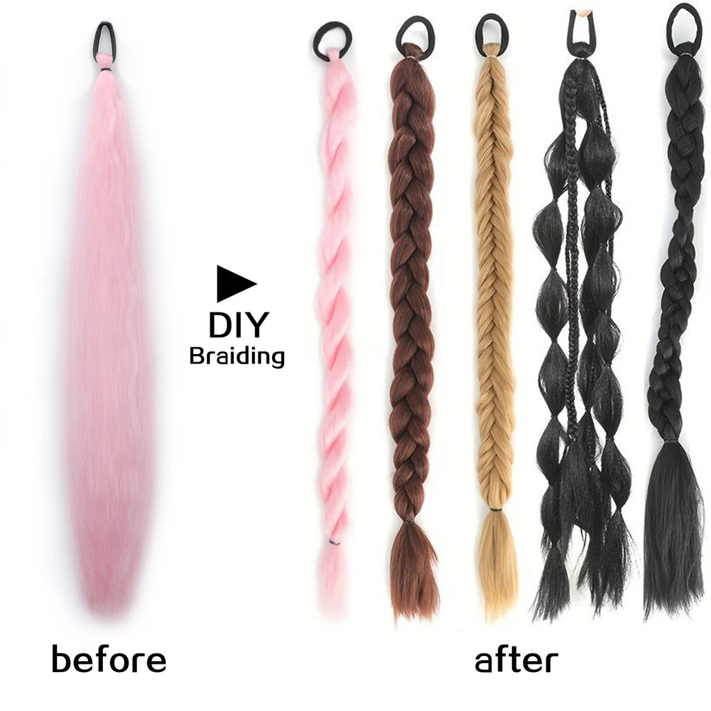 Synthetic DIY Braided Ponytail Extension with Elastic Rubber Band Pink Purple Blue Long Straight Pony Tail for Women Girls Party