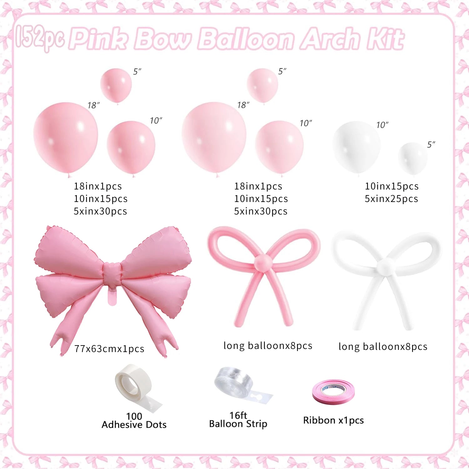 PCS Pink & White Bow Balloon Garland Arch Kit | Coquette Birthday Wedding Baby Shower Bachelorette Bridal Party Decorations