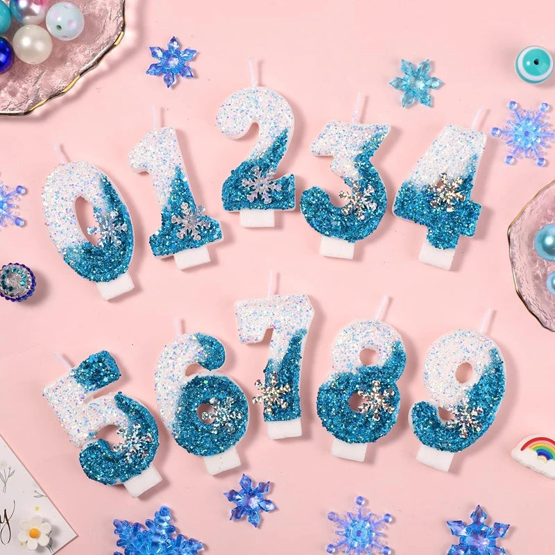 Glittering Blue Snowflake Birthday Candles Set (Numbers 0-9) - Elegant Cake Topper Decorations for Kids' Birthday Parties