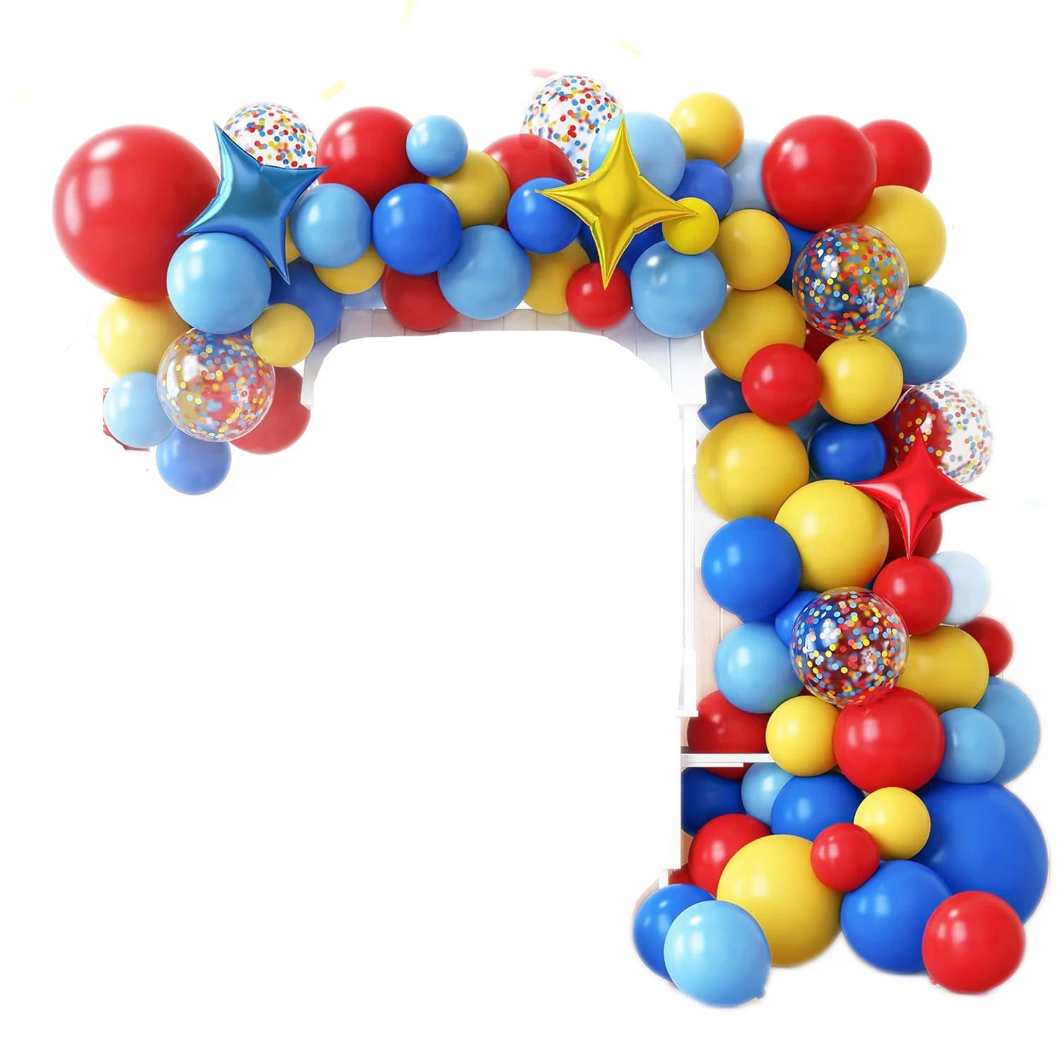 Vibrant Carnival Balloon Garland Arch Kit - Red, Blue, Yellow & Rainbow Confetti/Star Foil Balloons for Birthday, Circus Theme