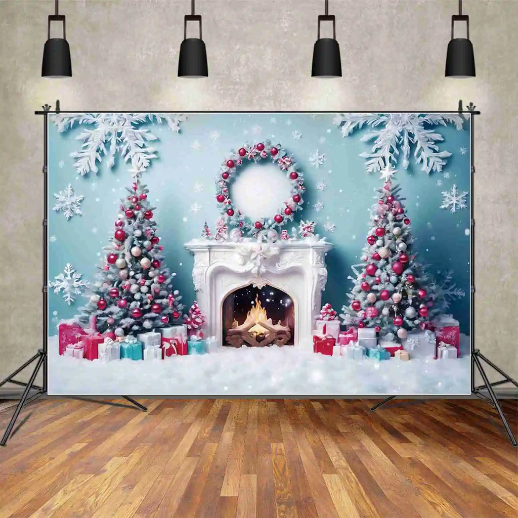 Blue Frozen Christmas Party Photography Backdrops for Western Living Room Fireplace Settings - Studio Photozone Props