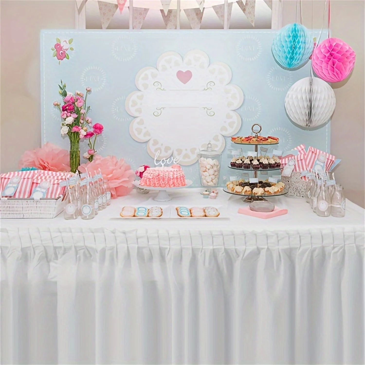 Disposable Rectangular Tablecloth Set with Long Skirting - 2 Pieces Solid Color Paper Covers for Events