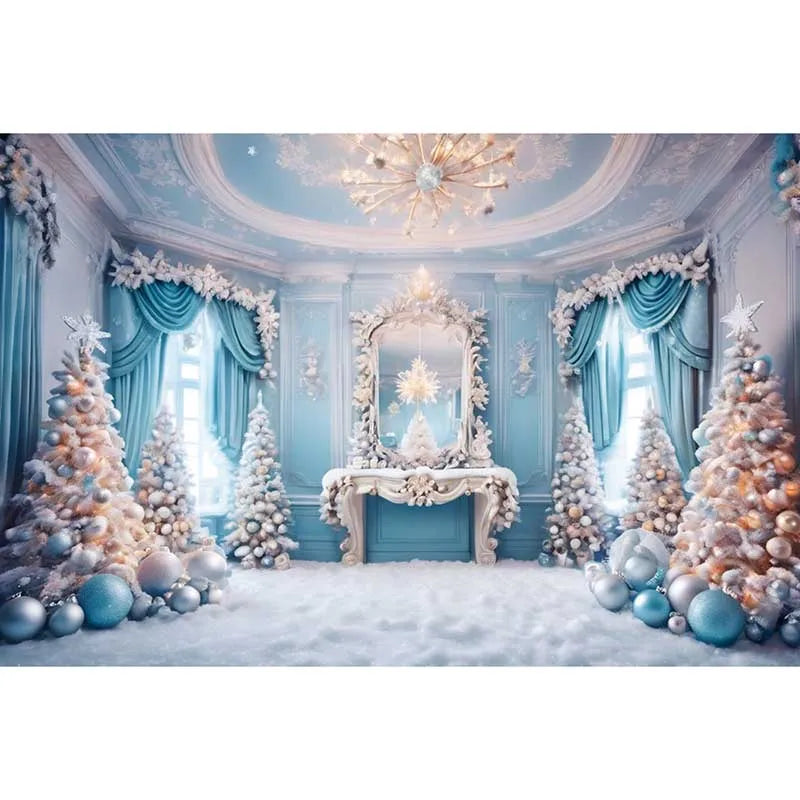 Blue Frozen Christmas Party Photography Backdrops for Western Living Room Fireplace Settings - Studio Photozone Props