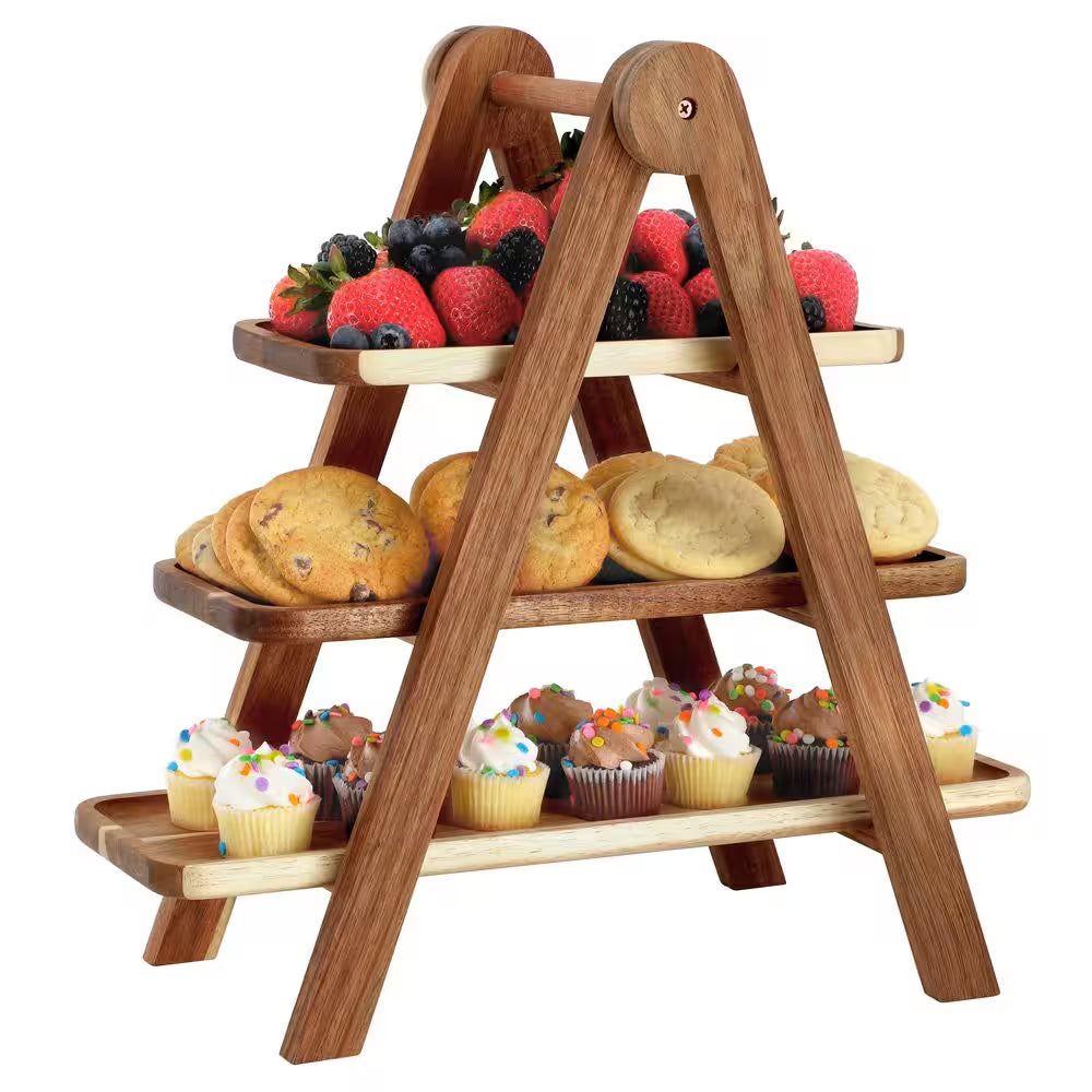 3-Tier Rectangular Cake Stand Set in Brown Acacia Wood