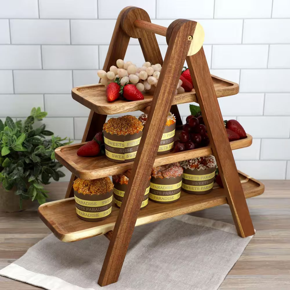 3-Tier Rectangular Cake Stand Set in Brown Acacia Wood