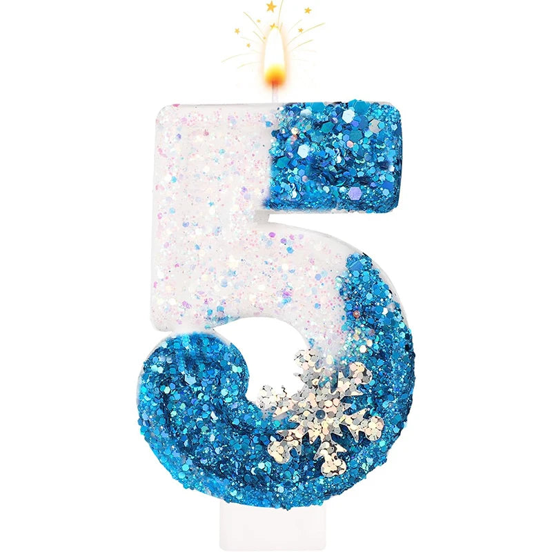 Glittering Blue Snowflake Birthday Candles Set (Numbers 0-9) - Elegant Cake Topper Decorations for Kids' Birthday Parties
