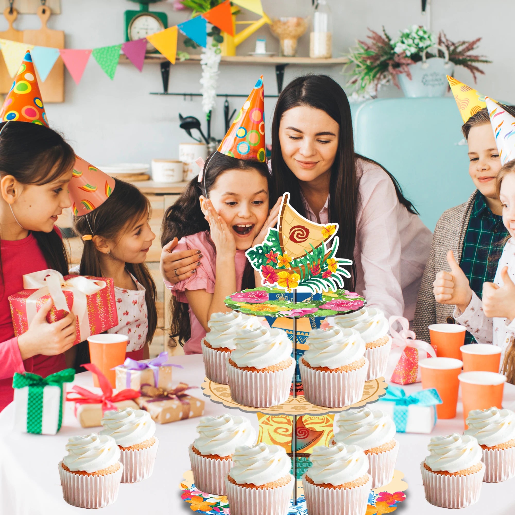 3Tier Moana Sailing Adventure Party Cake Display Stand Kid Birthday Dessert Cupcake Rack Stand Baby Shower Party Cake Tray Decor