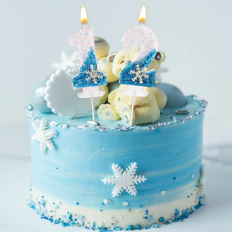 Glittering Blue Snowflake Birthday Candles Set (Numbers 0-9) - Elegant Cake Topper Decorations for Kids' Birthday Parties