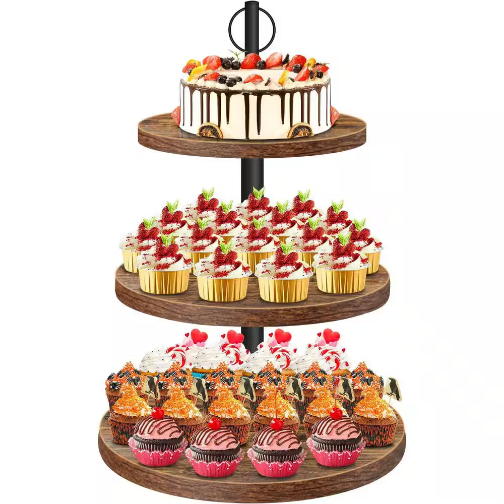 3-Tier Brown Wooden Cupcake Stand for 50 Cupcakes, Wood Cupcake Tower Cake Stand Tiered Tray Stand for Wedding Birthday