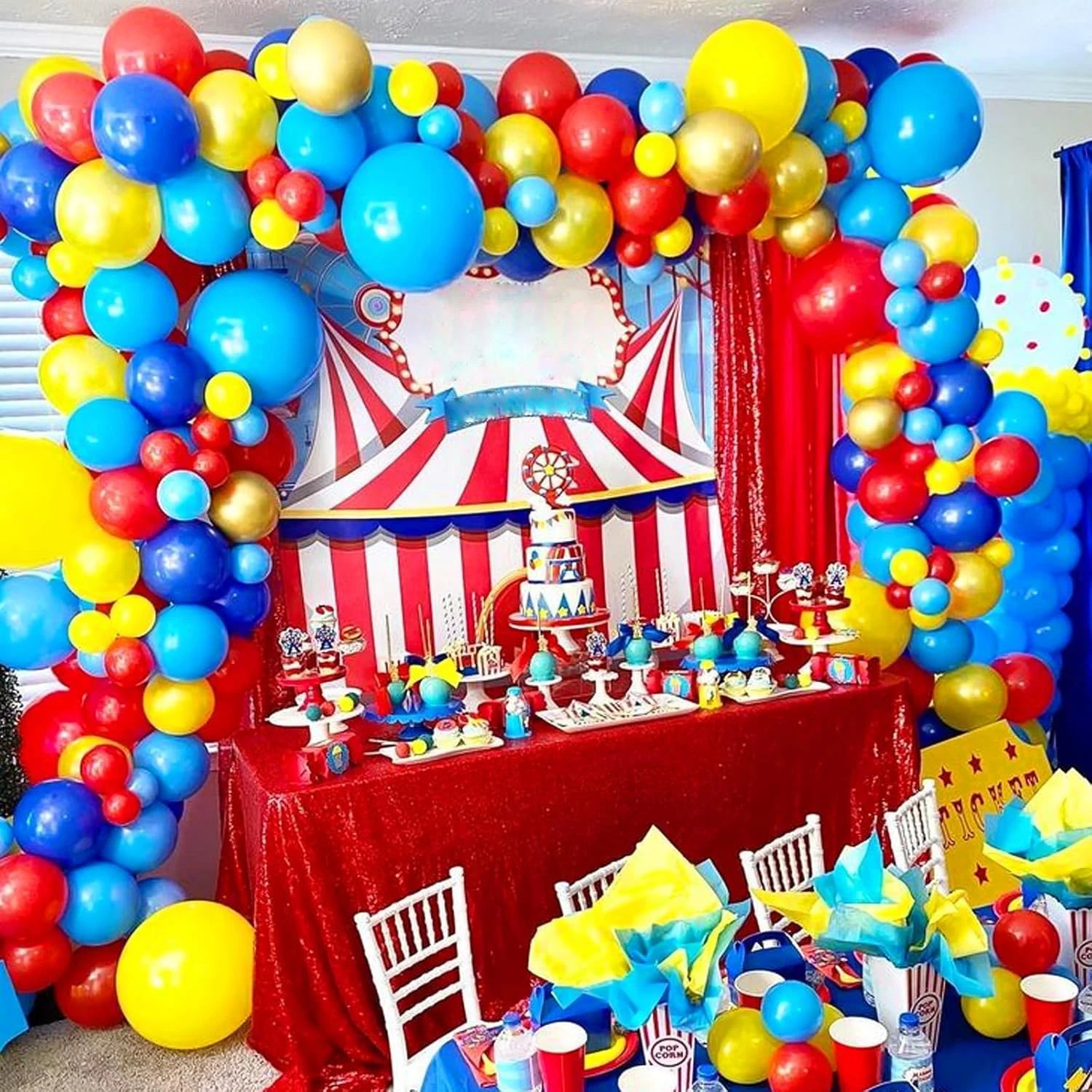 Vibrant Carnival Balloon Garland Arch Kit - Red, Blue, Yellow & Rainbow Confetti/Star Foil Balloons for Birthday, Circus Theme