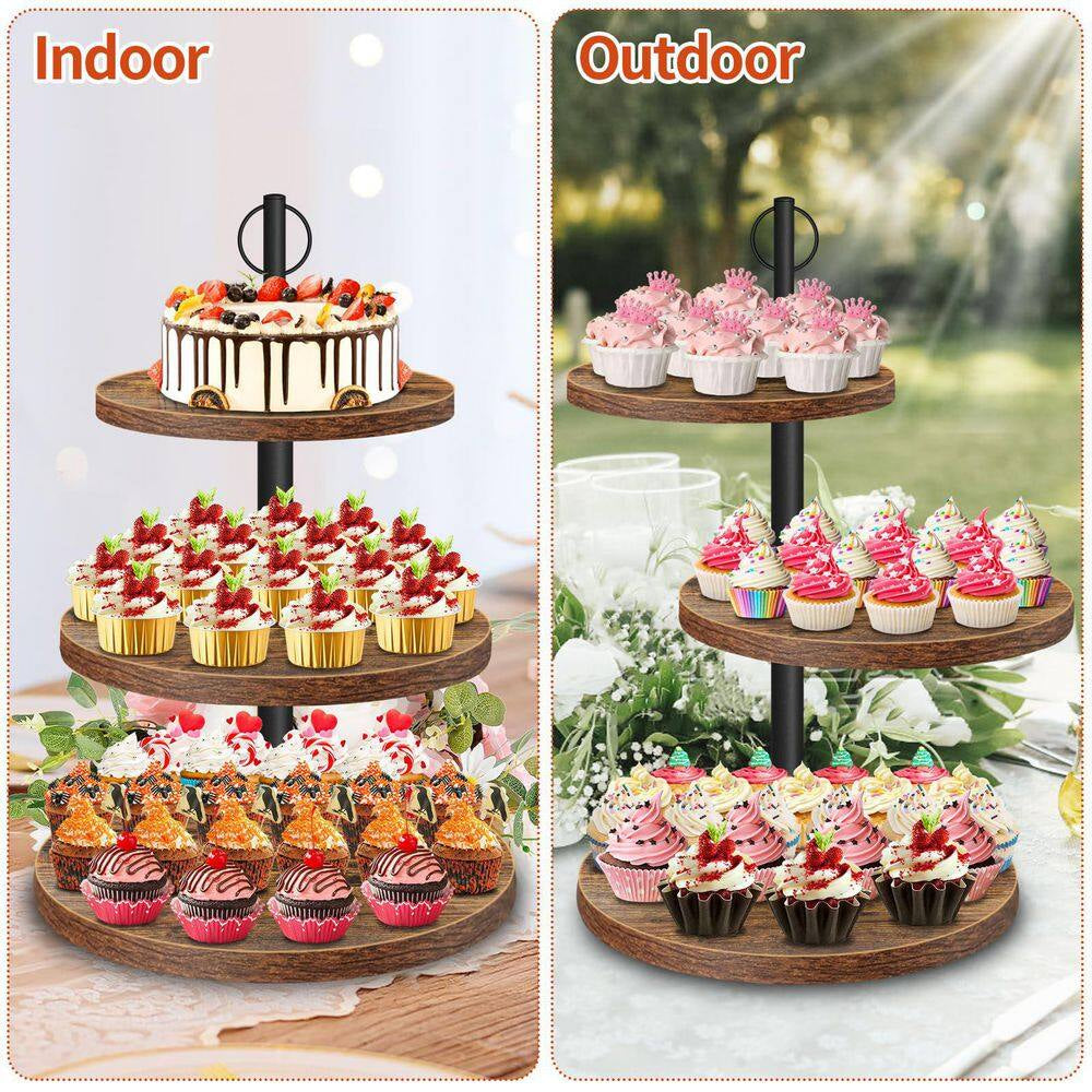 3-Tier Brown Wooden Cupcake Stand for 50 Cupcakes, Wood Cupcake Tower Cake Stand Tiered Tray Stand for Wedding Birthday
