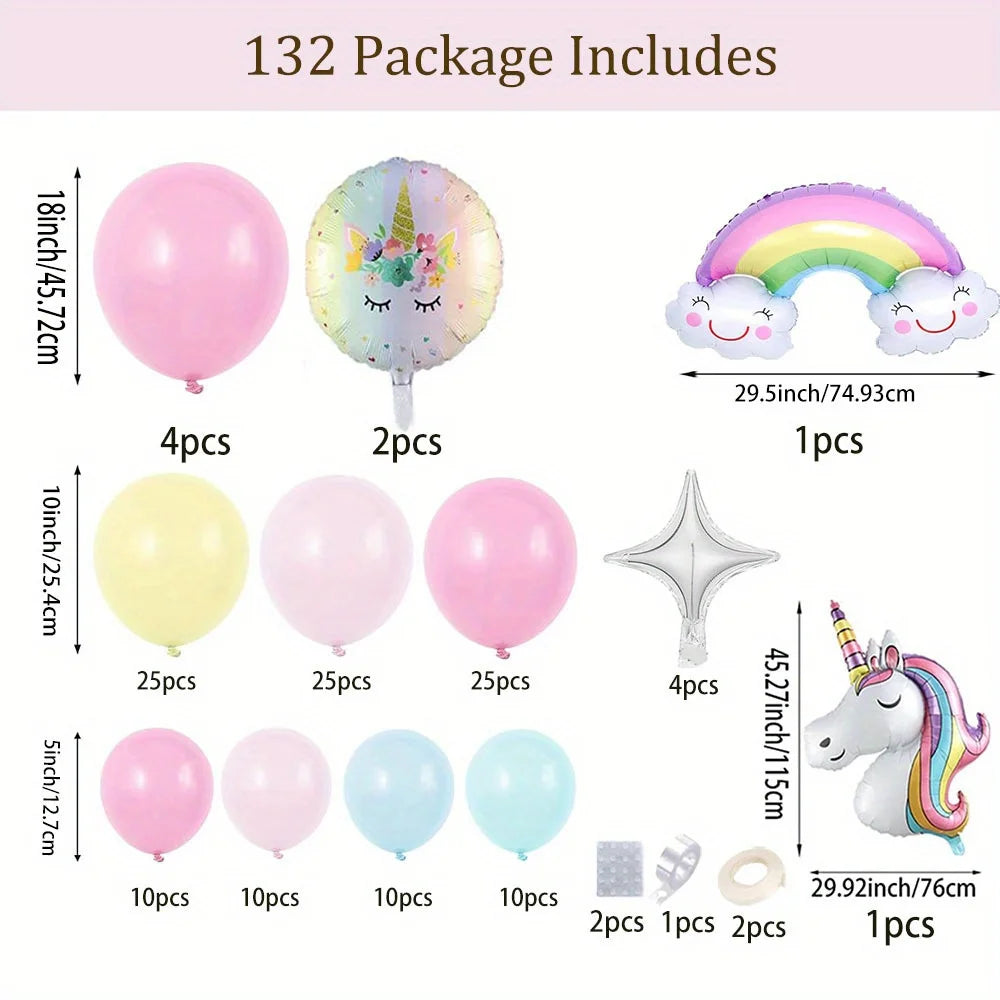 132Pcs Rainbow Unicorn Balloon Arch Wreath Kit, Pink Yellow Blue Latex Balloon Colorful Unicorn Aluminum Balloon Summer Party De
