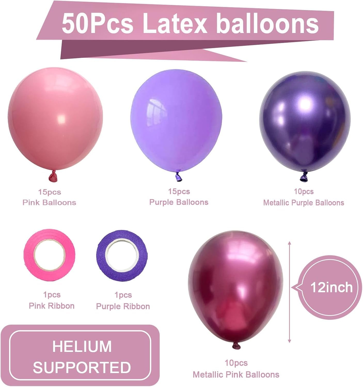 Pink and Purple Party Balloons, 50Pcs 12 Inch Purple Pink Balloons, Metallic Pin