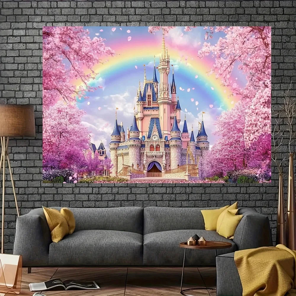 Pink Flower Castle Birthday Party Backdrop Cherry Blossoms Rainbow Princess Girl Birthday Party Decor Banner Photo Background