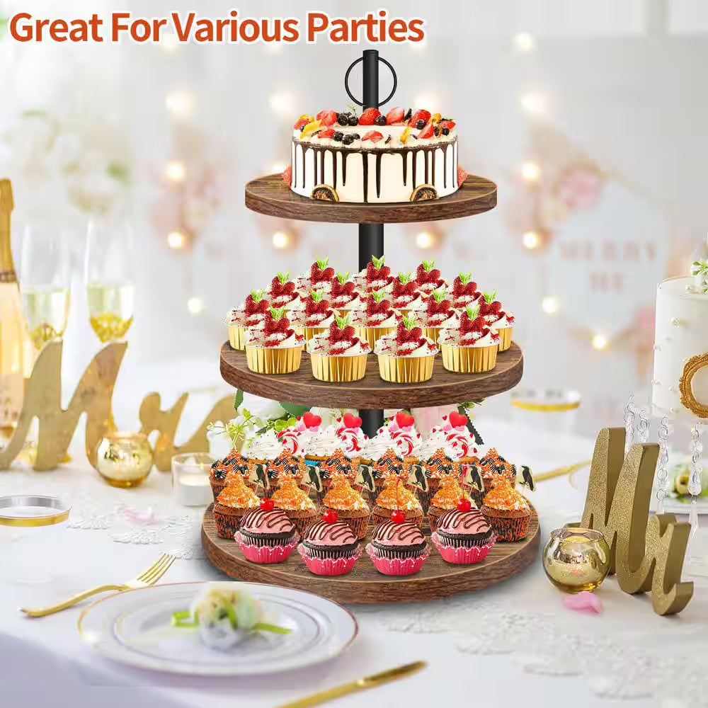 3-Tier Brown Wooden Cupcake Stand for 50 Cupcakes, Wood Cupcake Tower Cake Stand Tiered Tray Stand for Wedding Birthday