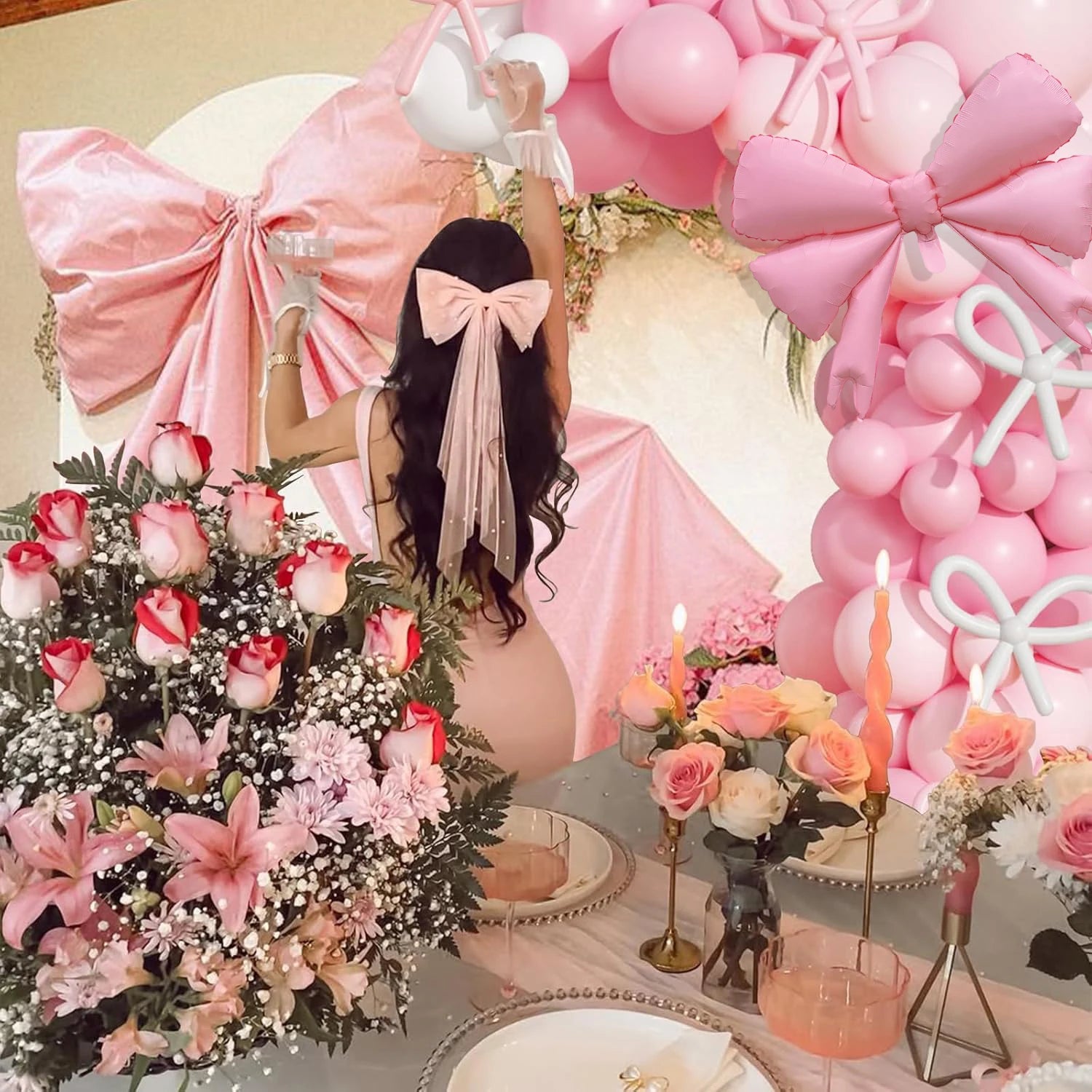 PCS Pink & White Bow Balloon Garland Arch Kit | Coquette Birthday Wedding Baby Shower Bachelorette Bridal Party Decorations