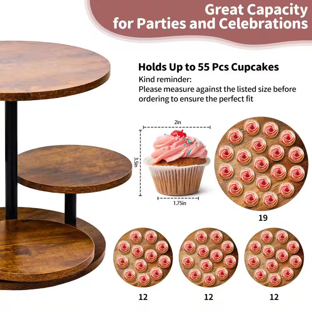 4-Tier Wood Cake Stand for 50 Cupcakes, 360° Rotatable round Cake Stand with Tiered Tray for Wedding Birthday Tea Party