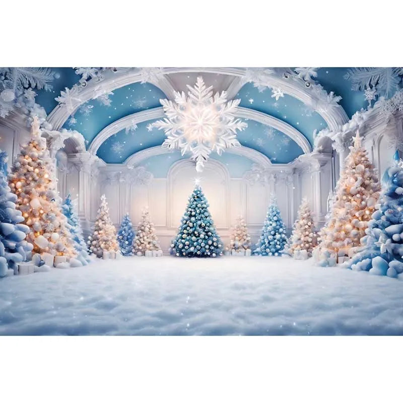 Blue Frozen Christmas Party Photography Backdrops for Western Living Room Fireplace Settings - Studio Photozone Props