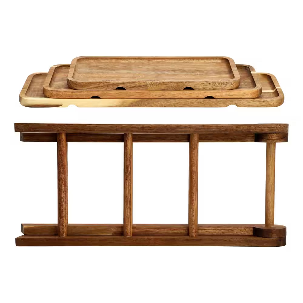 3-Tier Rectangular Cake Stand Set in Brown Acacia Wood