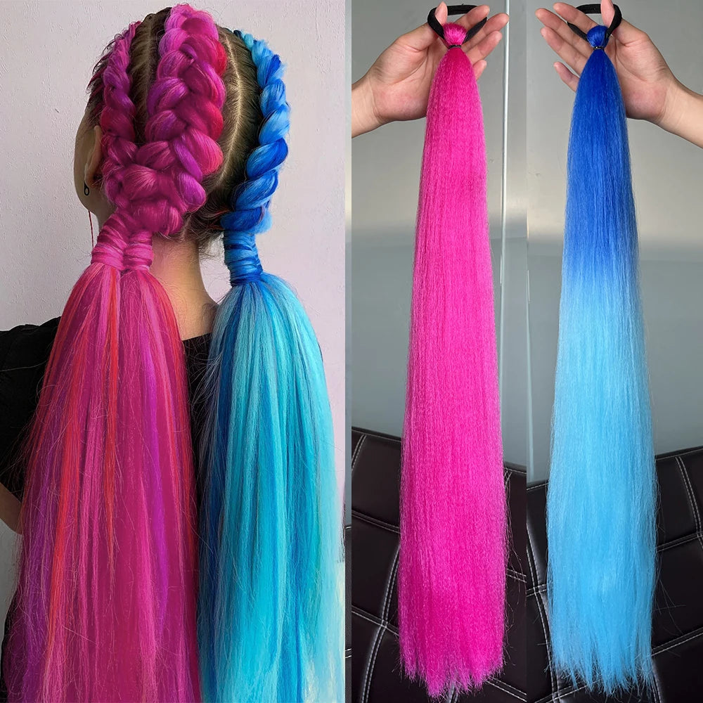 Synthetic DIY Braided Ponytail Extension with Elastic Rubber Band Pink Purple Blue Long Straight Pony Tail for Women Girls Party