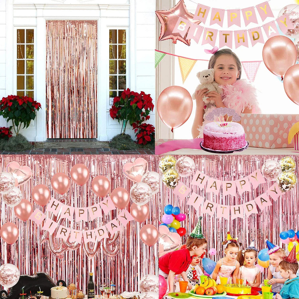Rose Gold Birthday Party Decorations, Happy Birthday Banner, Rose Gold Tassel Curtains, Heart Shaped Star Foil Balloons, Hanging Swirls