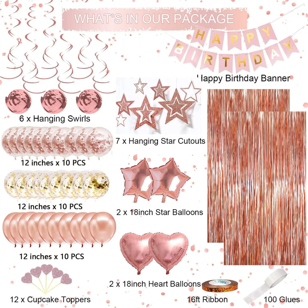 Rose Gold Birthday Party Decorations, Happy Birthday Banner, Rose Gold Tassel Curtains, Heart Shaped Star Foil Balloons, Hanging Swirls