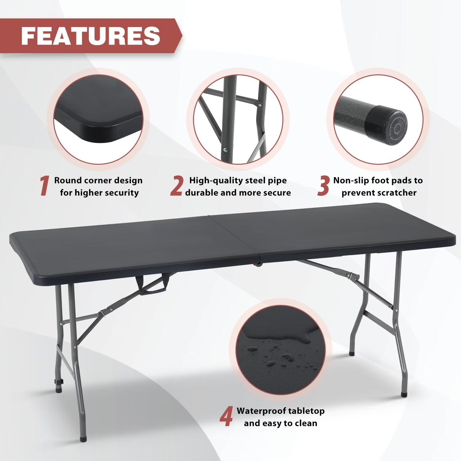 6-Foot Portable Folding Table for Indoor and Outdoor Use with Carrying Handle, Black
