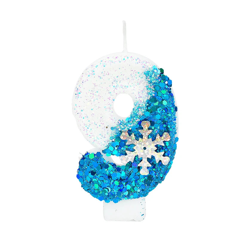 Glittering Blue Snowflake Birthday Candles Set (Numbers 0-9) - Elegant Cake Topper Decorations for Kids' Birthday Parties