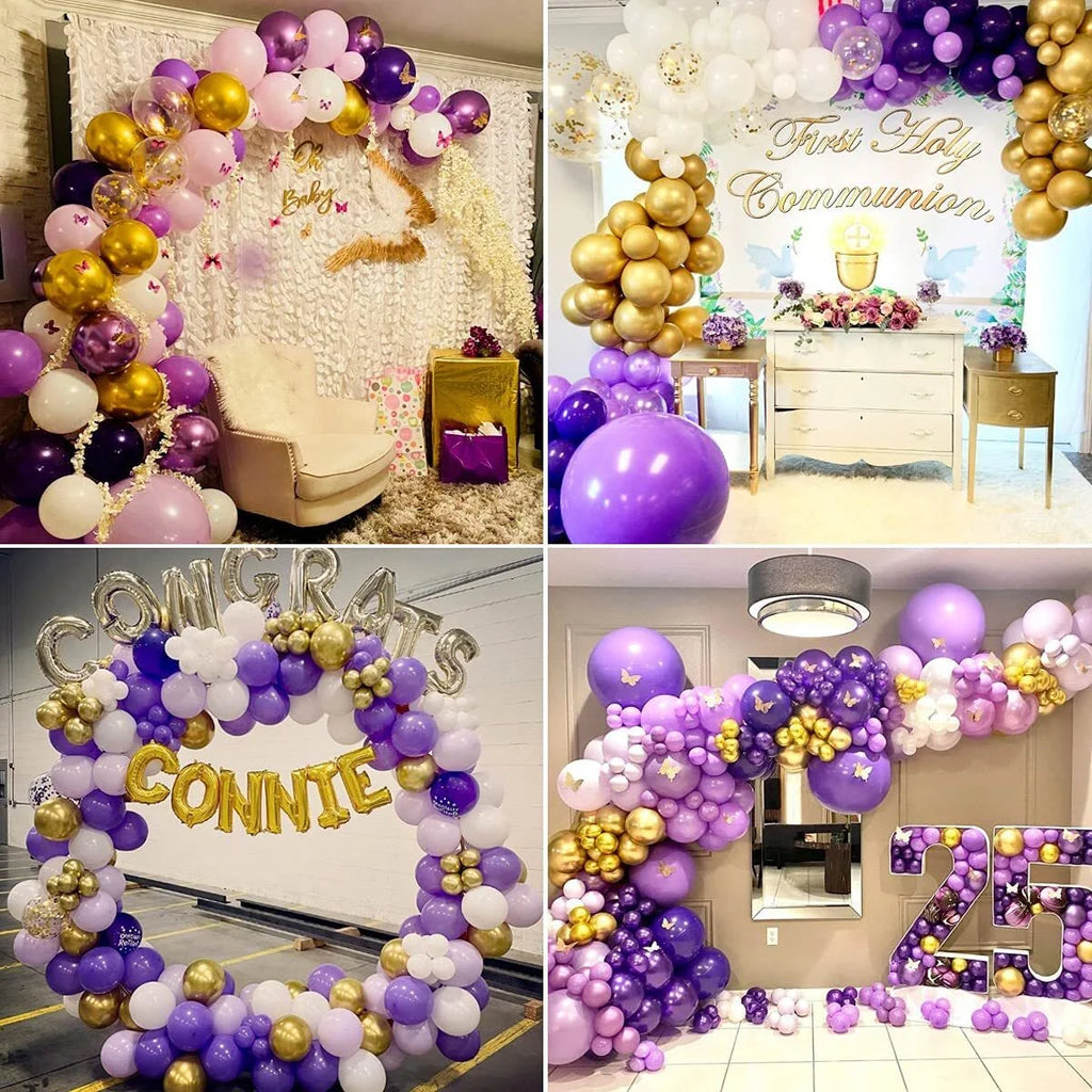 Purple Balloons Garland Arch Kit, Light Pastel Purple Gold White Balloons Confetti Latex Metallic Balloons for Women Birthday Baby Shower Wedding Party Decorations Supplies