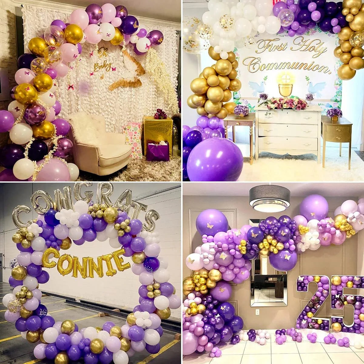 Purple Balloons Garland Arch Kit, Light Pastel Purple Gold White Balloons Confetti Latex Metallic Balloons for Women Birthday Baby Shower Wedding Party Decorations Supplies