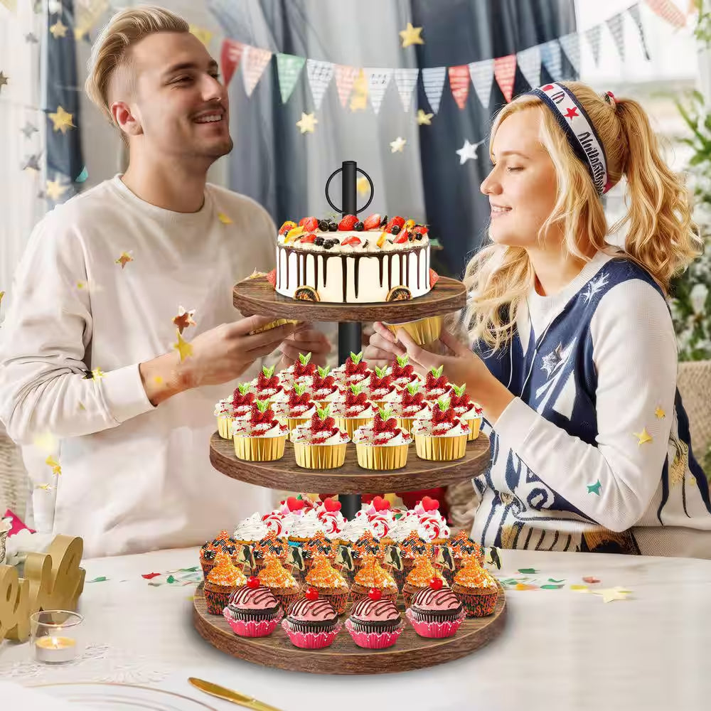3-Tier Brown Wooden Cupcake Stand for 50 Cupcakes, Wood Cupcake Tower Cake Stand Tiered Tray Stand for Wedding Birthday