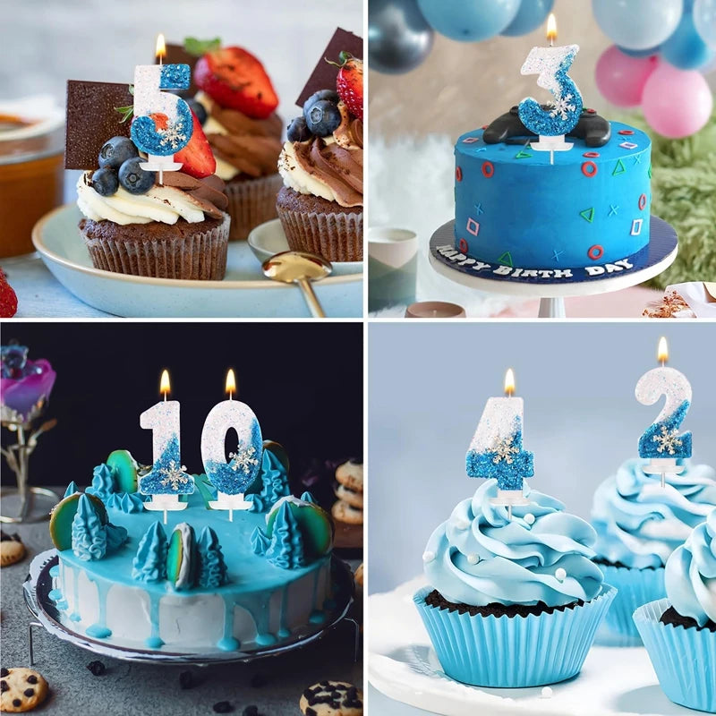 Glittering Blue Snowflake Birthday Candles Set (Numbers 0-9) - Elegant Cake Topper Decorations for Kids' Birthday Parties
